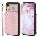 For iPhone XR Grid Texture Card Bag Phone Case with Lanyard(Rose Gold)