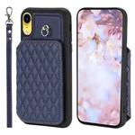 For iPhone XR Grid Texture Card Bag Phone Case with Lanyard(Blue)