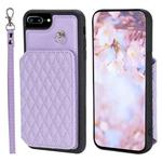 For iPhone 8 Plus / 7 Plus Grid Texture Card Bag Phone Case with Lanyard(Purple)