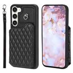 For Samsung Galaxy S23+ 5G Grid Texture Card Bag Phone Case with Lanyard(Black)