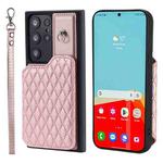 For Samsung Galaxy S22 Ultra 5G Grid Texture Card Bag Phone Case with Lanyard(Rose Gold)