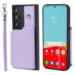 For Samsung Galaxy S22 Ultra 5G Grid Texture Card Bag Phone Case with Lanyard(Purple)