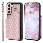 For Samsung Galaxy S22+ 5G Grid Texture Card Bag Phone Case with Lanyard(Rose Gold)