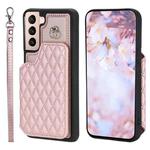 For Samsung Galaxy S21 5G Grid Texture Card Bag Phone Case with Lanyard(Rose Gold)