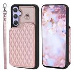 For Samsung Galaxy A54 5G Grid Texture Card Bag Phone Case with Lanyard(Rose Gold)