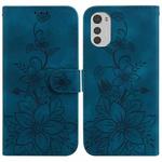 For Motorola Moto E32 Lily Embossed Leather Phone Case(Dark Blue)
