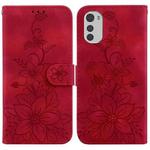 For Motorola Moto E32 Lily Embossed Leather Phone Case(Red)
