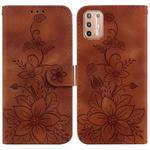 For Motorola Moto G9 Plus Lily Embossed Leather Phone Case(Brown)