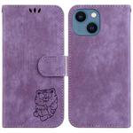 For iPhone 15 Plus Little Tiger Embossed Leather Phone Case(Purple)