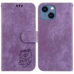 For iPhone 15 Little Tiger Embossed Leather Phone Case(Purple)