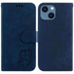 For iPhone 14 Plus Little Tiger Embossed Leather Phone Case(Dark Blue)