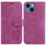 For iPhone 14 Plus Little Tiger Embossed Leather Phone Case(Rose Red)