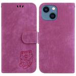 For iPhone 14 Little Tiger Embossed Leather Phone Case(Rose Red)
