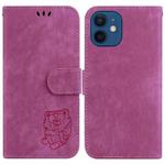 For iPhone 12 / 12 Pro Little Tiger Embossed Leather Phone Case(Rose Red)