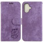 For iPhone 16 Plus Little Tiger Embossed Leather Phone Case(Purple)