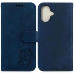 For iPhone 16 Plus Little Tiger Embossed Leather Phone Case(Dark Blue)