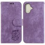 For iPhone 16 Little Tiger Embossed Leather Phone Case(Purple)