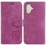 For iPhone 16 Little Tiger Embossed Leather Phone Case(Rose Red)