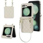 For Samsung Galaxy Z Flip5 Rhombic Texture Phone Case with Long & Short Lanyard(White)