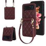 For Samsung Galaxy Z Flip4 Rhombic Texture Phone Case with Long & Short Lanyard(Wine Red)