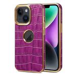 For iPhone 15 Denior Crocodile Texture Genuine Leather Electroplating Phone Case(Purple)