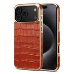 For iPhone 17 Pro Denior Crocodile Texture Genuine Leather Electroplating Phone Case(Mocha Brown)