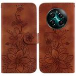 For Realme 12+ Lily Embossed Leather Phone Case(Brown)