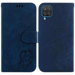 For Samsung Galaxy A12 Little Tiger Embossed Leather Phone Case(Dark Blue)