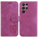 For Samsung Galaxy S22 Ultra 5G Little Tiger Embossed Leather Phone Case(Rose Red)