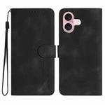 For iPhone 16 Heart Pattern Skin Feel Leather Phone Case(Black)