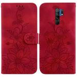 For Xiaomi Redmi 9/9 Prime / Poco M2 Lily Embossed Leather Phone Case(Red)