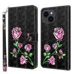 For iPhone 15 3D Painted Leather Phone Case(Rose)