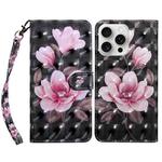 For iPhone 16 Pro Max 3D Painted Leather Phone Case(Pink Flower)