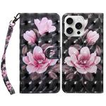 For iPhone 16 Pro 3D Painted Leather Phone Case(Pink Flower)