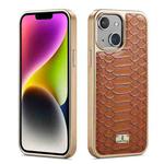 For iPhone 15 Plus Fierre Shann Python Texture Electroplating PU Phone Case(Brown)