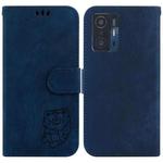 For Xiaomi Mi 11T / 11T Pro Little Tiger Embossed Leather Phone Case(Dark Blue)