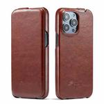 For iPhone 15 Pro Fierre Shann Oil Wax Texture Vertical Flip PU Phone Case(Brown)