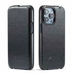 For iPhone 15 Pro Fierre Shann Oil Wax Texture Vertical Flip PU Phone Case(Black)