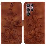 For Samsung Galaxy S22 Ultra 5G Lily Embossed Leather Phone Case(Brown)