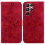 For Samsung Galaxy S22 Ultra 5G Lily Embossed Leather Phone Case(Red)