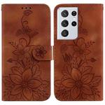 For Samsung Galaxy S21 Ultra 5G Lily Embossed Leather Phone Case(Brown)