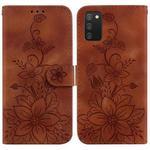 For Samsung Galaxy A02s EU 166.5mm Lily Embossed Leather Phone Case(Brown)