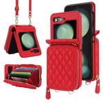 For Samsung Galaxy Z Flip5 Rhombic Texture Card Bag Phone Case with Dual Lanyard(Red)