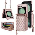 For Samsung Galaxy Z Flip5 Rhombic Texture Card Bag Phone Case with Dual Lanyard(Rose Gold)