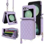 For Samsung Galaxy Z Flip5 Rhombic Texture Card Bag Phone Case with Dual Lanyard(Purple)