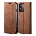 For OPPO Reno12 5G Global Denim Texture Casual Style Horizontal Flip Leather Case(Brown)