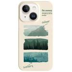 For iPhone 14 Painted Pattern Skin-friendly PC Phone Case(Beige-Green Watercolor)