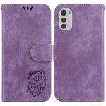 For Motorola Moto E32 Little Tiger Embossed Leather Phone Case(Purple)