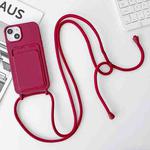 For iPhone 15 Crossbody Lanyard Elastic Silicone Card Holder Phone Case(Wine Red)