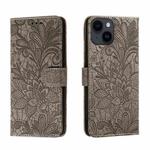 For iPhone 15 Plus Lace Flower Embossing Flip Leather Phone Case(Grey)